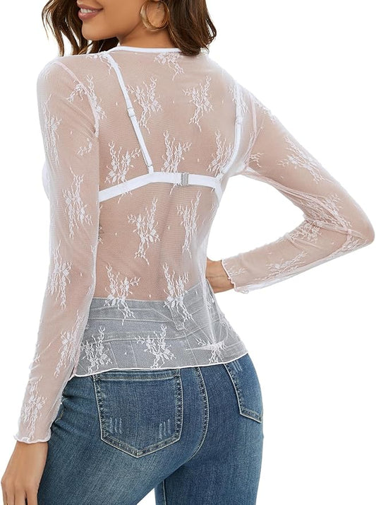 MEROKEETY Womens 2025 Spring Lace Sheer Mesh Top Crewneck Sexy Y2k See Through Going Out Long Sleeve Blouse Shirts