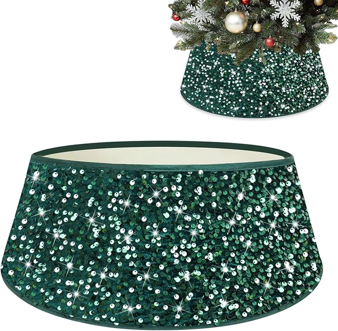 Sequin Christmas Tree Collar Glitter Tree Skirt Emerald Green Velvet Fabric Xmas Tree Base Stand Cover Christmas Tree Ring Holiday Trunk Skirt Cover Christmas Tree Skirts for Home Decor 23.6 Inch