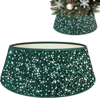 Sequin Christmas Tree Collar Glitter Tree Skirt Emerald Green Velvet Fabric Xmas Tree Base Stand Cover Christmas Tree Ring Holiday Trunk Skirt Cover Christmas Tree Skirts for Home Decor 23.6 Inch
