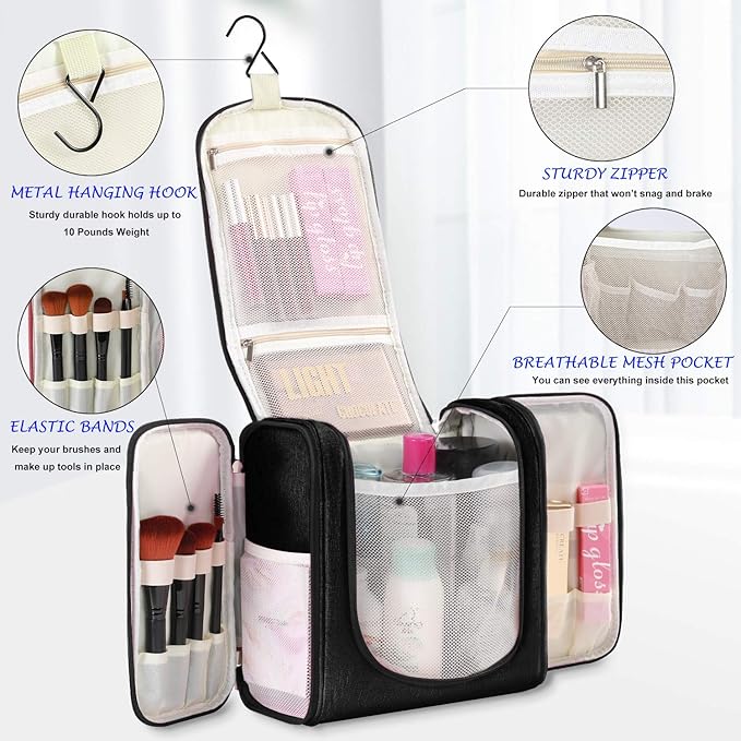 Hanging Toiletry Bag Extra Large Capacity  Premium Travel Organizer Bags For Men And Women  Durable Waterproof Nylon Bathroom, Shower, Makeup Bag For Toiletries, Cosmetics, Brushes