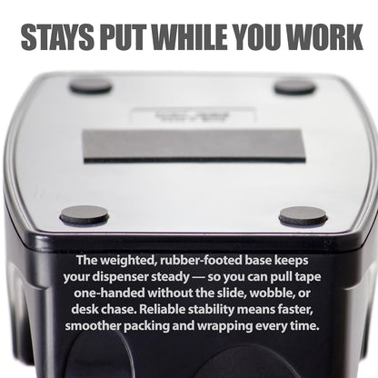 Officemate 2-in-1 Heavy Duty Tape Dispenser - Fits 1 Inch and 3-Inch Cores, Weighted 5.5 lb Base for Stability, Holds Packing and Standard Tape, Storage Compartment for Office Supplies, Black (Teeth on tape cutter is slightly bent)