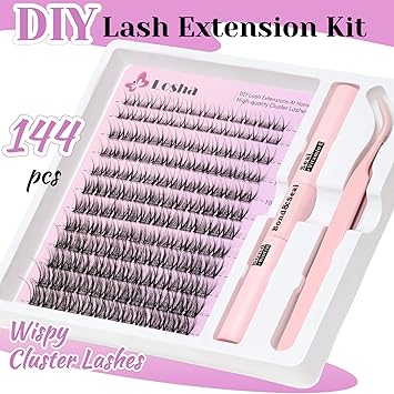 Losha Lash Extension Kit 144pcs Wispy Lash Clusters Kit 8-16mm Natural Cluster Eyelash Extensions C Curl DIY Lash Extensions Kit For Beginners (LD04 Flutter)