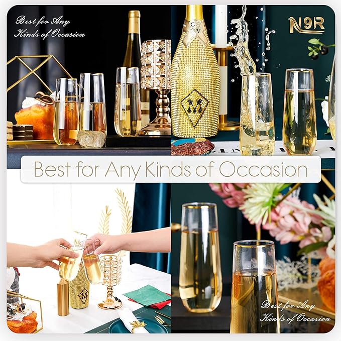 N9R 12 Pack Plastic Champagne Flutes, 9 oz Stemless Disposable Gold Rim Toasting Glasses, Crystal Clear Cocktail Cups Drinkware Shatterproof Ideal for Party Wedding Birthday