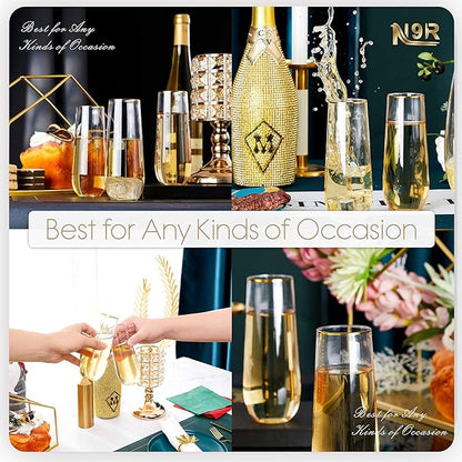 N9R 12 Pack Plastic Champagne Flutes, 9 oz Stemless Disposable Gold Rim Toasting Glasses, Crystal Clear Cocktail Cups Drinkware Shatterproof Ideal for Party Wedding Birthday