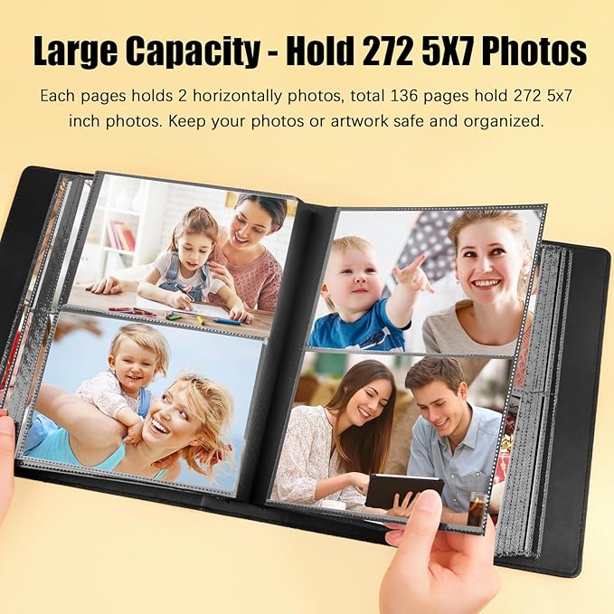 Aevdor 272 Pockets Photo Album 5x7 Holds 272 Photos, Extra Large Capacity Leather Cover 5x7 Photo Album with Front Window for Family Wedding Baby Pictures, 5x7 Photo Book with Black Inner Pages, Black