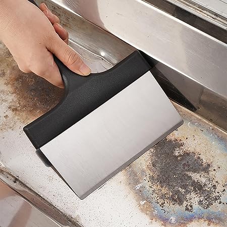 Griddle Grill Flat Top Scraper Griddle Scraper Tool with Handle, Stainless Steel Outdoor BBQ Kitchen Food Metal Scraper Tool, Griddle Cleaning Cleaner Scrubber (Silver, 23x16.2cm)