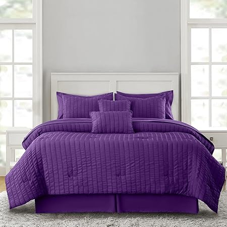 LUX Decor 10 Piece Comforter Set Queen (88X88), Seersucker Lightweight Comforter Set with Sheets, Bed in a Bag Bedding Set for All Seasons - Purple