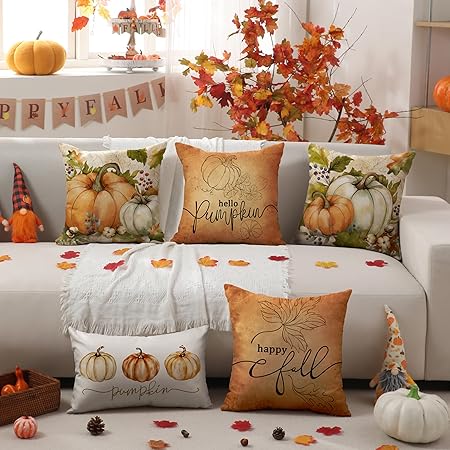 DFXSZ Fall Pillow Covers 18x18 inch Set of 4 Watercolor Pumpkin Maple Leaves Happy Fall Pumpkin Outdoor Throw Pillow Case Autumn Thanksgiving Farmhouse Decoration for Home Couch