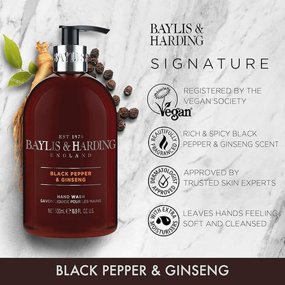 Baylis  Harding Liquid Hand Soap Wash with Dispenser, Black Pepper  Ginseng for Men, 16.9oz500ml