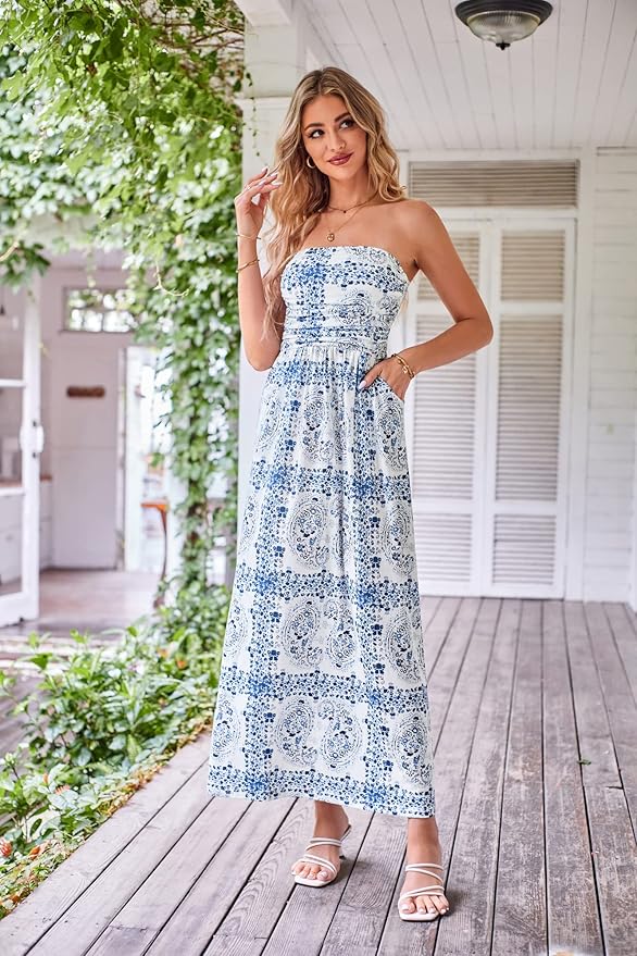 GRACE KARIN Women Strapless Casual Loose Ruched Long Maxi Dress with Pockets