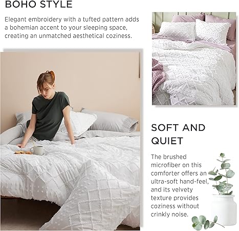 Bedsure Full Comforter Set - White Comforter, Boho Tufted Shabby Chic Bedding, 3 Pieces Vintage Farmhouse Bed Set for All Seasons, Fluffy Soft Bedding with 2 Pillow Shams
