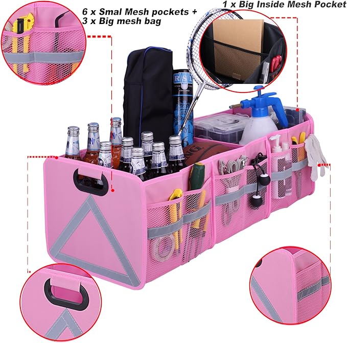 Homeve Large Collapsible Trunk Organizer with Multi Pockets, 3 Compartments Storage Organizer for Car, SUV, Minivan, PinkA