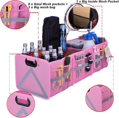 Homeve Large Collapsible Trunk Organizer with Multi Pockets, 3 Compartments Storage Organizer for Car, SUV, Minivan, PinkA
