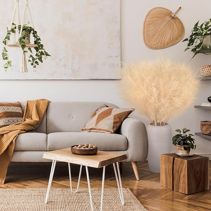 Ouddy Decor 8 Pcs Faux Pampas Grass Decor 38''/97cm Tall Artificial Large Pompous Pompas Floral Fluffy Fake Plants Floor Vase Filler for Wedding Kitchen Home Boho Decorations, Deep Beige