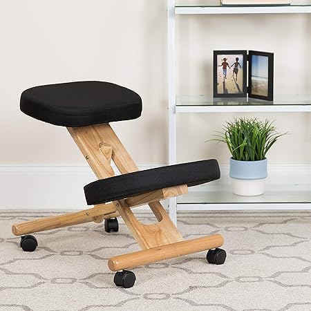 Flash Furniture Posey Mobile Wooden Kneeling Office Chair for Improved Posture, Height-Adjustable Ergonomic Office Kneeling Chair, NaturalBlack