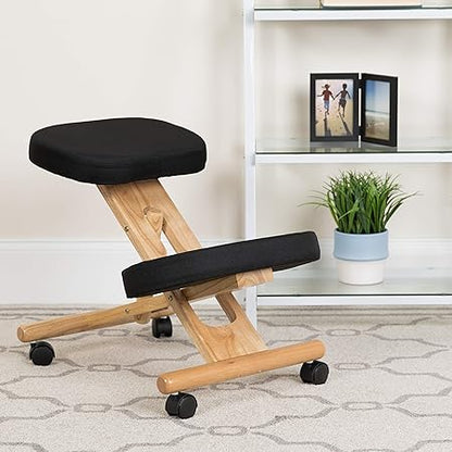 Flash Furniture Posey Mobile Wooden Kneeling Office Chair for Improved Posture, Height-Adjustable Ergonomic Office Kneeling Chair, NaturalBlack