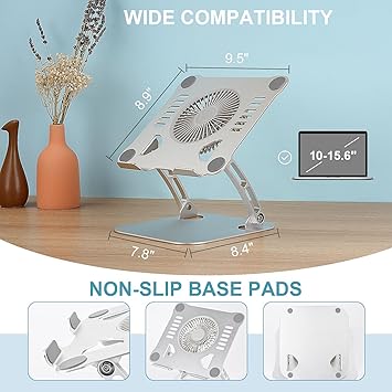 Laptop Cooling Stand with 3 Speed Fan, Adjustable Height Laptop Stand for Desk, Ergonimic Aluminum Laptop Cooling Pad for 10-15'' Notebook - Silver