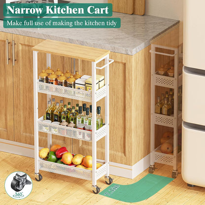 Slim Rolling Storage Cart 4 Tier Bathroom Organizer Mobile Shelving Unit Utility Cart with Wood Top and Handle for Kitchen Laundry Narrow Places, White