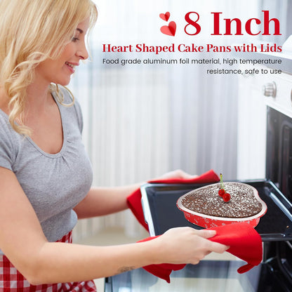 yeload 24 Pack 8 Inch Heart Shaped Cake Pans with Lids, 23oz Large Disposable Foil Heart Pans for Valentine's & Mother's Day, Aluminum Heart Cake Pans, Valentine's Day Baking Kit (Red)