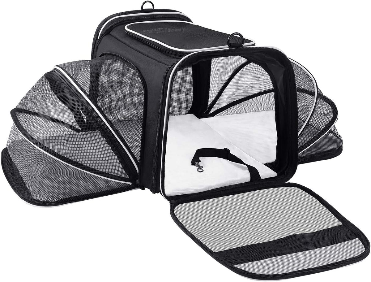 Airline Approved,Large 2 Sides Expandable Dog Carrier,4 Door,3 Zippered Pockets,3 Fleece Pads,Shoulder Strap, Pet Travel Carrier Bag Kennel for Cats Kitty and Small Dogs (shoulder strap ,Collapsible Soft Sided not included)