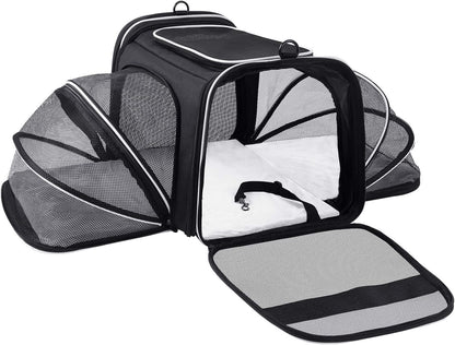 Airline Approved,Large 2 Sides Expandable Dog Carrier,4 Door,3 Zippered Pockets,3 Fleece Pads,Shoulder Strap, Pet Travel Carrier Bag Kennel for Cats Kitty and Small Dogs (shoulder strap ,Collapsible Soft Sided not included)