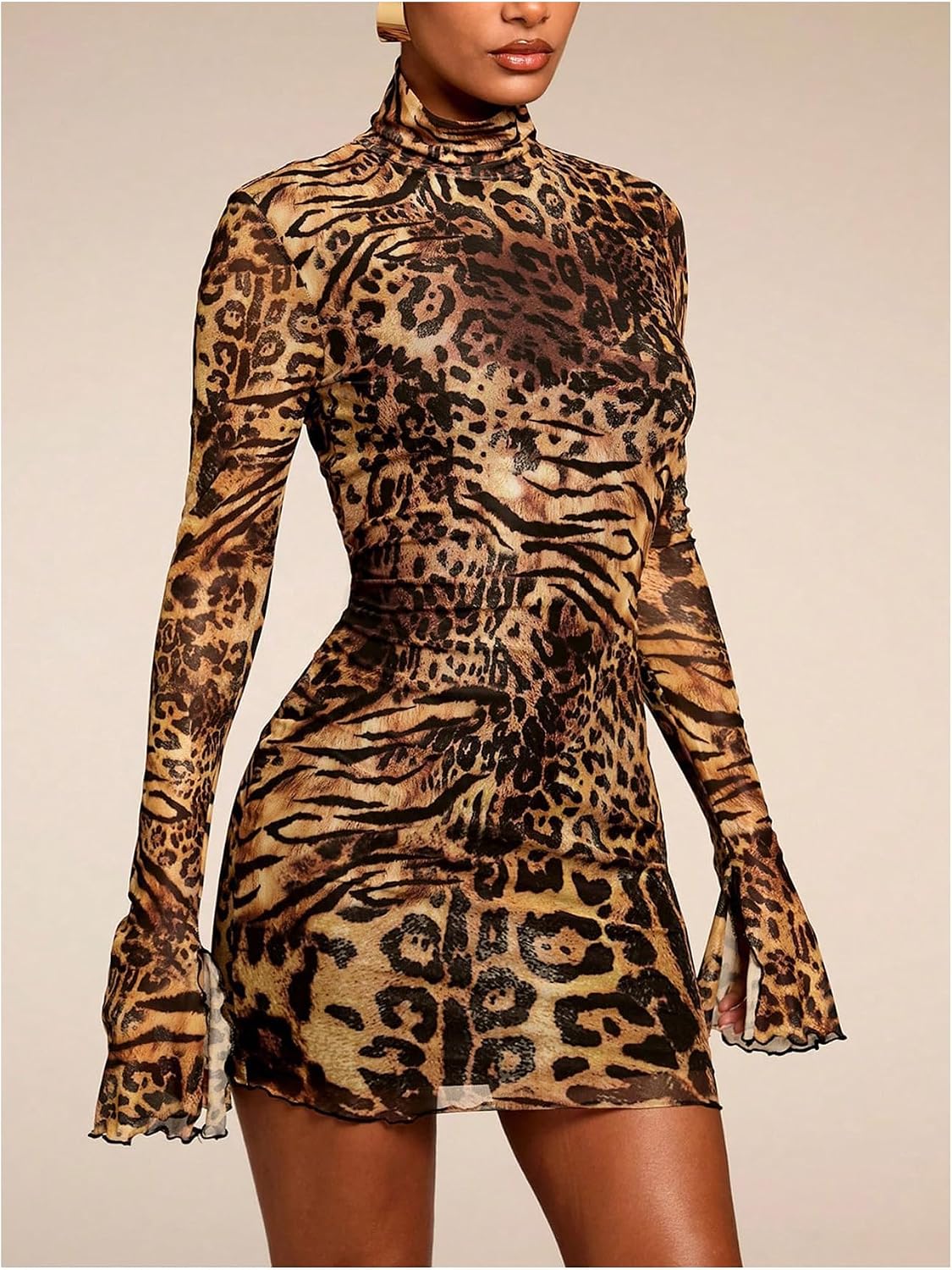 SOLY HUX Women's Graphic Print Bodycon Mini Dress Turtleneck Long Sleeve Pencil Dresses .