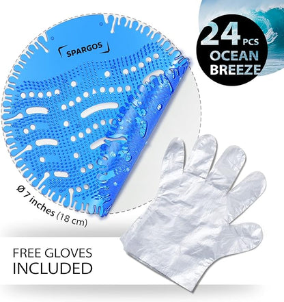 Urinal Screen Deodorizer (24 Pack) Urinal Cakes Anti-Splash Odor Protection for Toilets in Bathroom Office Stadiums Schools with Free Gloves - 24pcs Ocean Breeze Scent