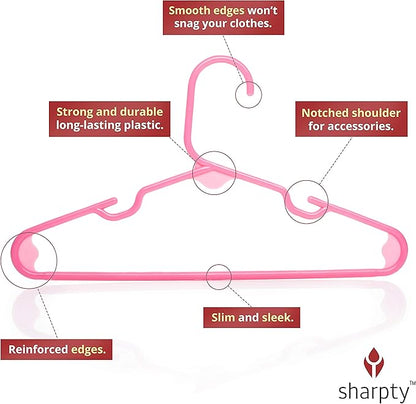 Sharpty Kids Plastic Hangers, Children's Hangers for Baby, Toddler, and Child Clothes - Everyday Standard Use - Ideal for Boys and Girls Closet, Clothing, Pants, Coats, and More - Pink, 40 Pack