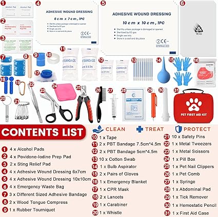 Dog First Aid Kit, Pet First Aid Kit for Dogs and Cats, Home Office Travel Car First Aid Kit Emergency Kit Dog Travel Kit for Hiking, Dog Medical kit Emergency Survival Kit, Red
