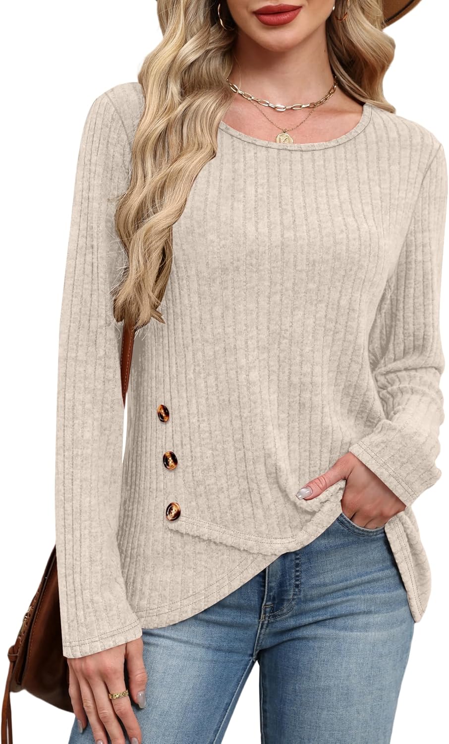XIEERDUO Tunic Sweaters for Women Long Sleeve Shirts Crew Neck Tops with Buttons Fall Fashion Outfits Winter Clothing