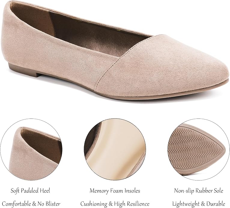 Ataiwee Women's Wide Width Flat Shoes Pointed Ballet Flats | Elegant Faux Suede Slip-On Flats with Anti-Slip Sole for Office.