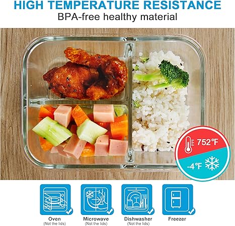 DAS TRUST 3 Pack 36oz Bento Box Glass Meal Prep Containers with 3 Compartments, Glass Food Storage Containers with Lids, Meal Prep Bowls, Lunch Box, Oven  Microwave Safe