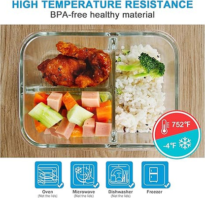 DAS TRUST 3 Pack 36oz Bento Box Glass Meal Prep Containers with 3 Compartments, Glass Food Storage Containers with Lids, Meal Prep Bowls, Lunch Box, Oven  Microwave Safe