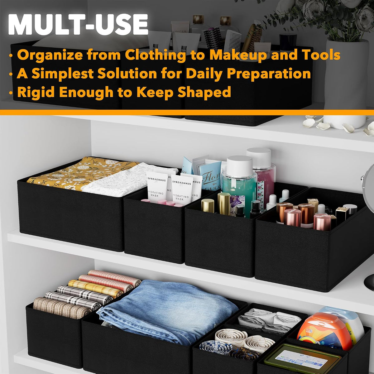 SpaceAid Drawer Organizer Clothes, 11 Pack Dresser Organizer Bins for Nursery, Closet Organization and Storage Dividers for Clothing, Baby Clothes, Underwears, Socks (Black)