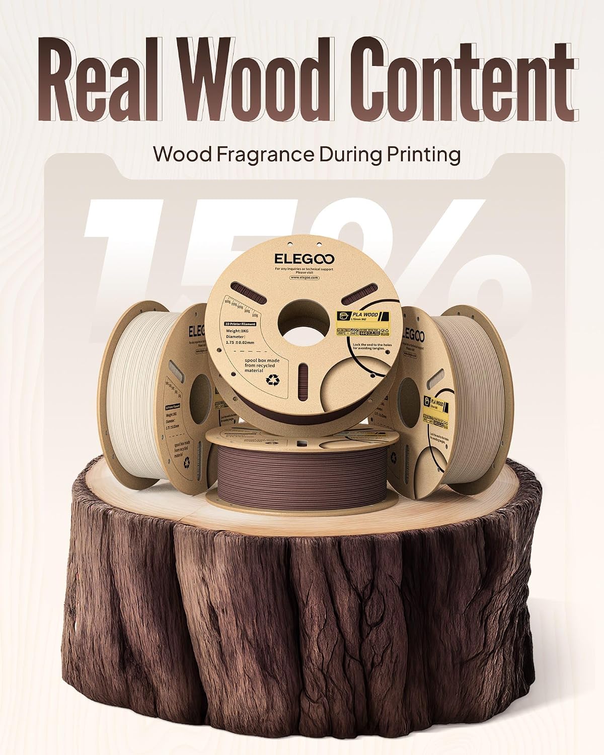 ELEGOO PLA Filament 1.75mm Oak Wood 1KG, Real Wood Flour Added 3D Printer Filament, 1kg Spool(2.2lbs) Fits for Most FDM 3D Printers