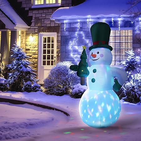 7 FT Christmas Inflatable Snowman Yard Decorations, Xmas Blow up Decor with Build-in Rotating Colorful LED Lights, Perfect Outdoor Holiday Decoration for Patio Lawn Garden Porch Party