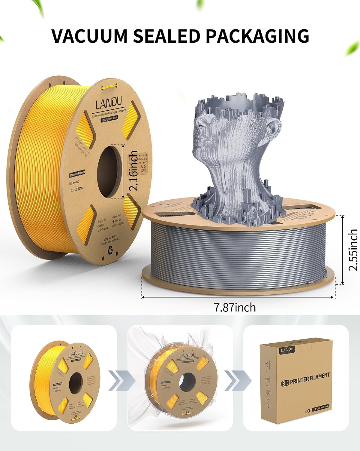 LANDU Silk PLA Filament 1.75mm Silver 1KG, 3D Printer Filament Dimensional Accuracy +/- 0.02mm, 1kg Cardboard Spool(2.2lbs), Neatly Wound 3D Printing Filament Fits for Most FFF 3D Printers, Silver