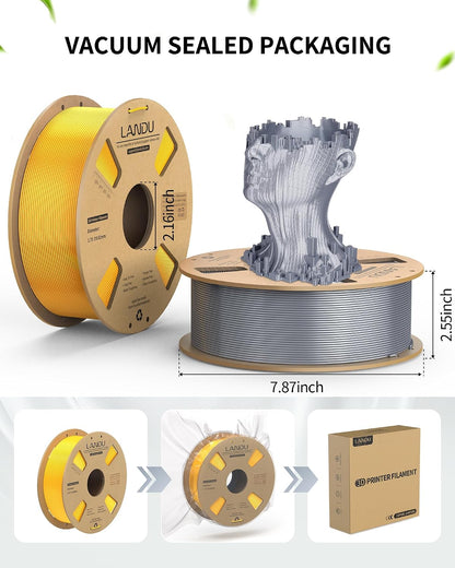 LANDU Silk PLA Filament 1.75mm Silver 1KG, 3D Printer Filament Dimensional Accuracy +/- 0.02mm, 1kg Cardboard Spool(2.2lbs), Neatly Wound 3D Printing Filament Fits for Most FFF 3D Printers, Silver
