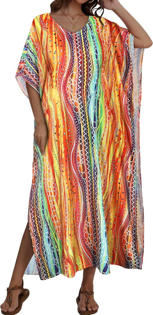 Kaftan Dresses for Women V Neck Caftan Long Batwing Sleeve Swimsuit Cover Up Beach Swimwear