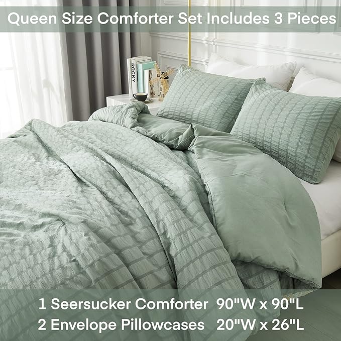 AveLom Seersucker Queen Comforter Set, Sage Green, 90x90, 3 Pieces