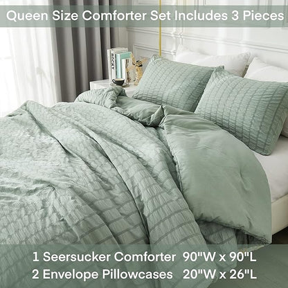 AveLom Seersucker Queen Comforter Set, Sage Green, 90x90, 3 Pieces