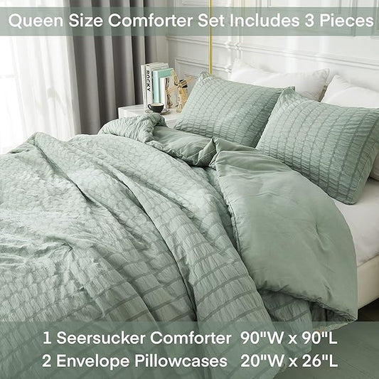 AveLom Seersucker Queen Comforter Set, Sage Green, 90x90, 3 Pieces