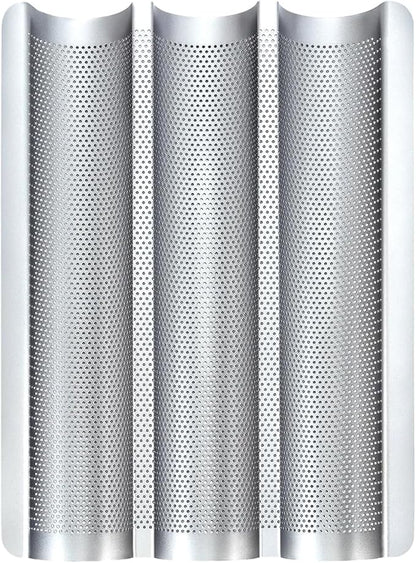 Hesanzol Baguette Pans for Baking 15" x 11", 3 Loaf Carbon Steel French Bread Pan Nonstick Perforated Baguette Baking Tray Silver