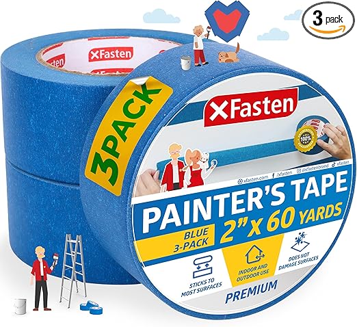 XFasten Professional Blue Painters Tape 2 Inch x 60 Yards (3-Pack) Bulk Blue Masking Tape for Painting Walls | Residue-Free