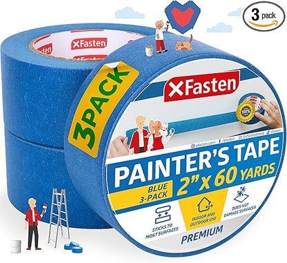 XFasten Professional Blue Painters Tape 2 Inch x 60 Yards (3-Pack) Bulk Blue Masking Tape for Painting Walls | Residue-Free