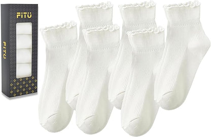 Women's Trim Ruffle Frilly Turn Cuff Socks - Cute Vintage Dress Crew Ankle Boot Socks