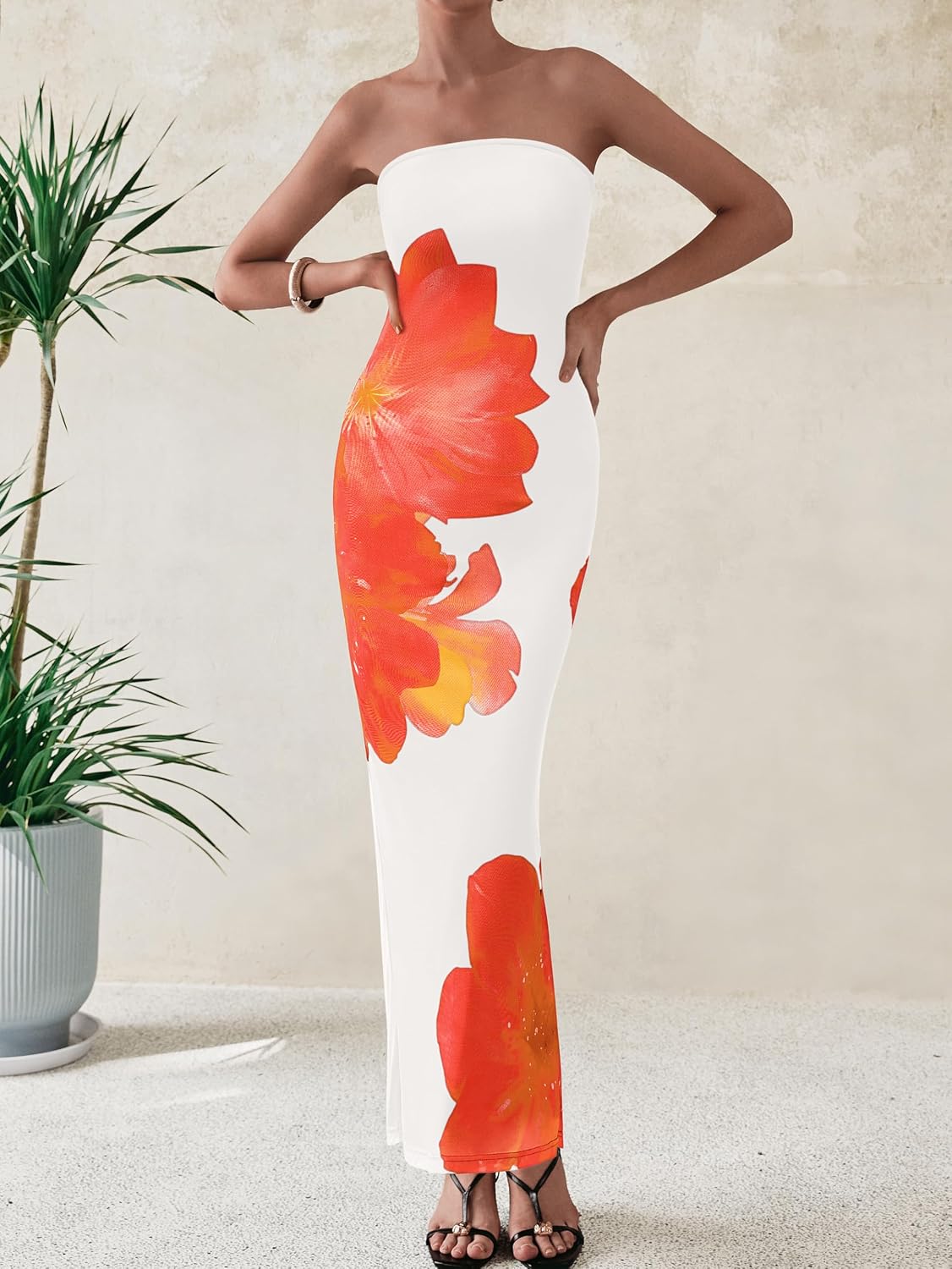 PRETTYGARDEN Women Summer Strapless Maxi Dress Bodycon Floral Sexy Long Wedding Guest Dress Formal Tube Mesh Cocktail Dresses.