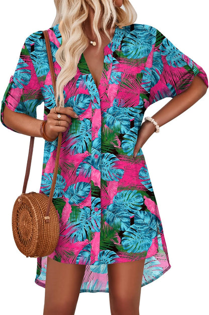EKOUAER Women's Swimsuit Cover Ups Shirt V-Neck Button Down Bathing Suit Coverups Beach Tunic Top S-3XL