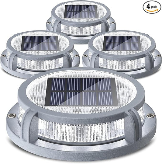 SIEDiNLAR Solar Deck Lights Outdoor 2 Modes 16 LEDs Driveway Markers Dock Light Solar Powered Waterproof for Ground Step Pathway Walkway Stair Garden Road Yard 4 Pack (Cool WhiteWarm White)