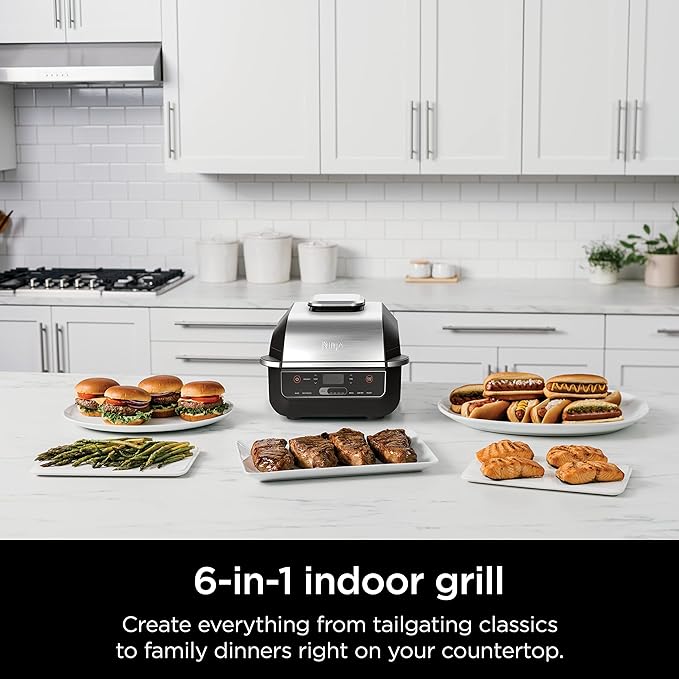 Ninja EG201 Foodi 6-in-1 Indoor Grill with Air Fry, Roast, Bake, Broil,  Dehydrate, 2nd Generation, Dishwasher Safe, BlackSilver